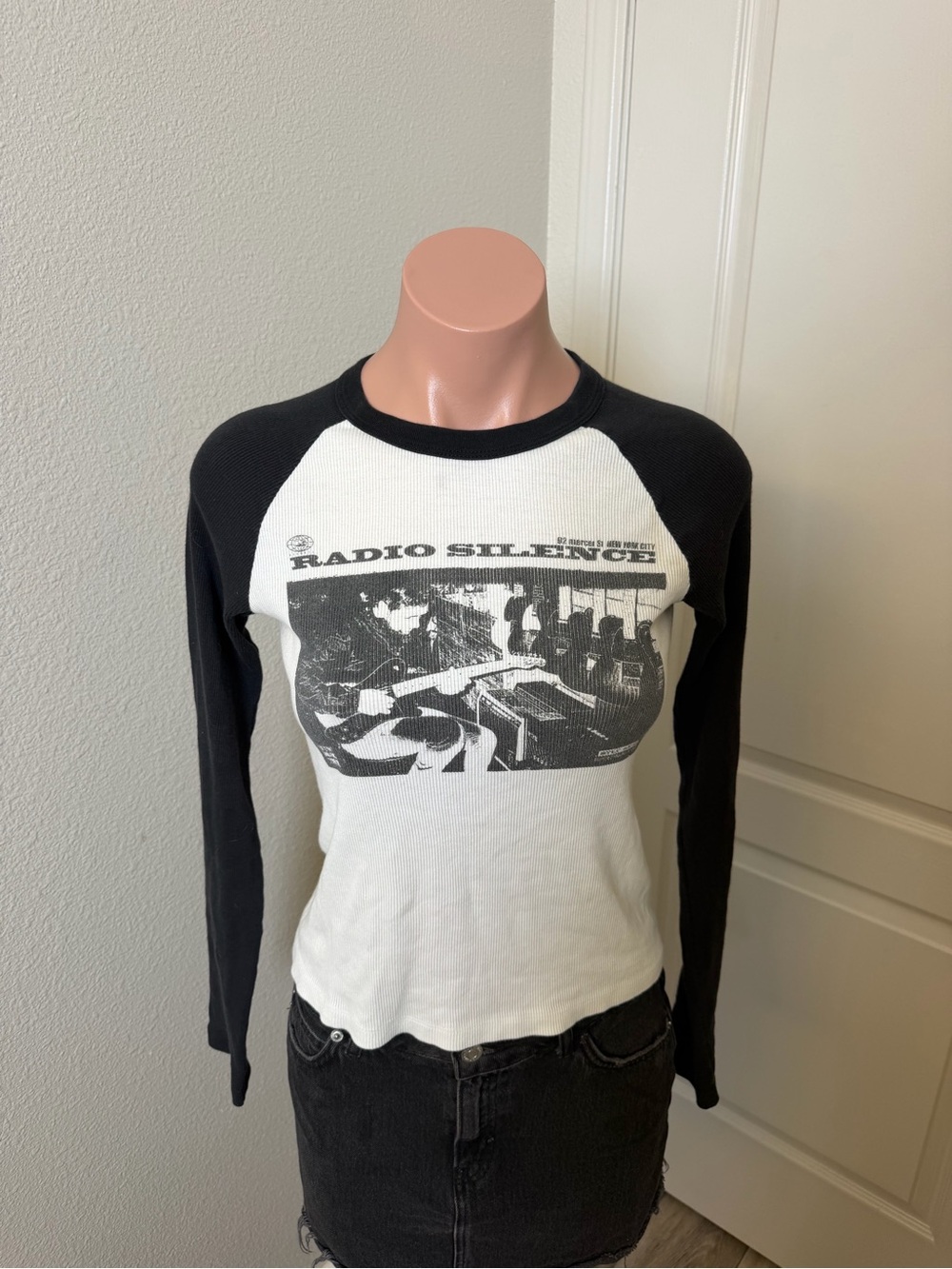 Brandy Melville Black & White 'Radio Silence' Raglan Long Sleeve Tee